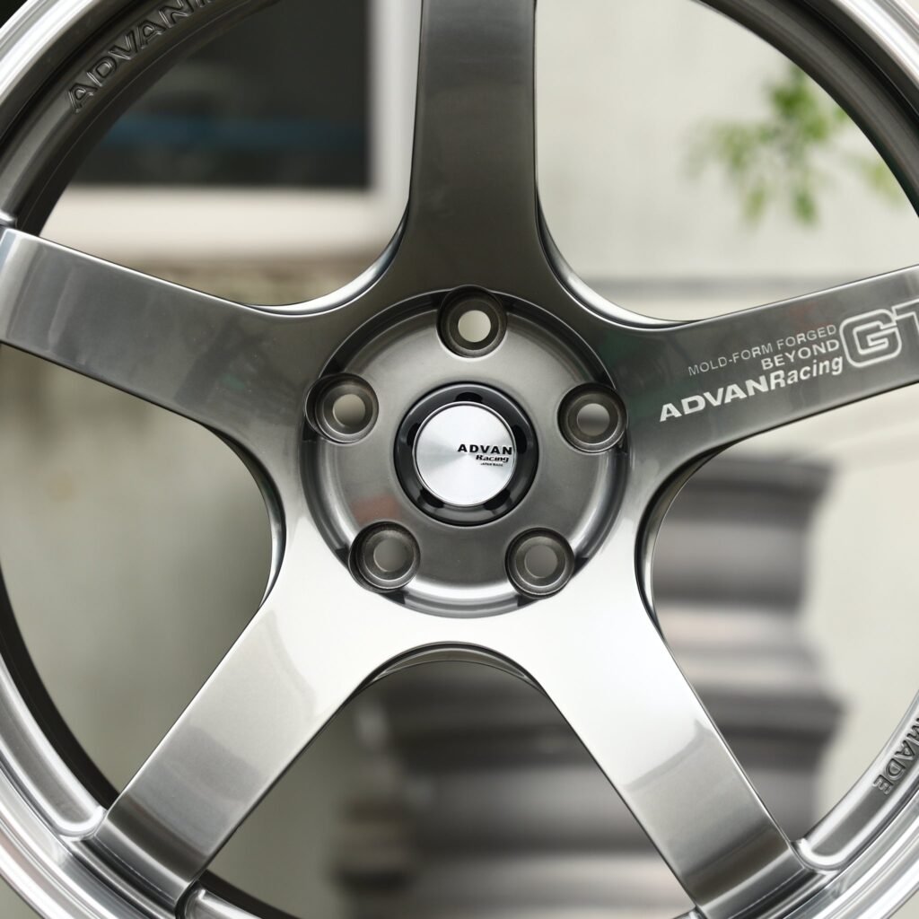 Toyota GR Supra wheels – Gunmetal 5-Spoke Polished Deep Lip (Advan Racing-Style), lip and barrel detail