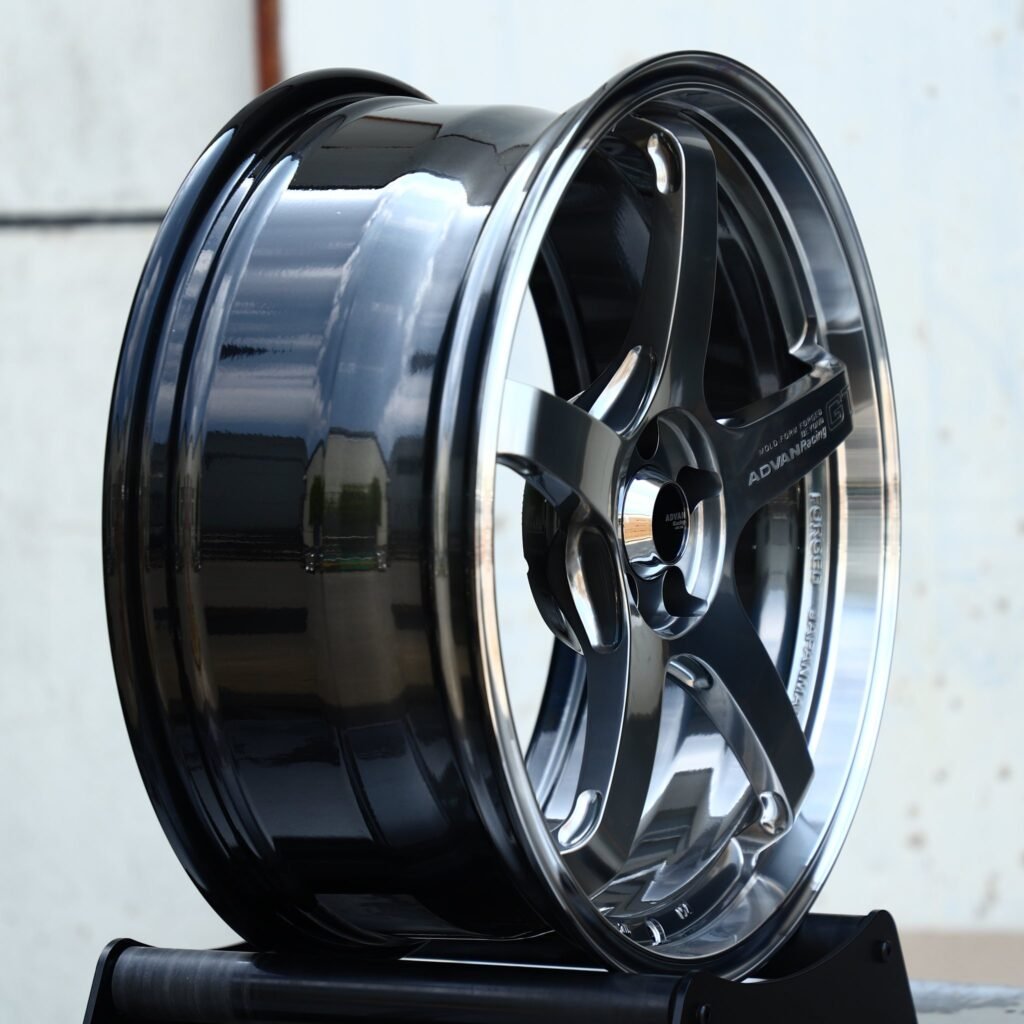 5x130 wheels – Hyper Silver 5-Spoke Polished Deep Lip (Advan Racing-Style), side view