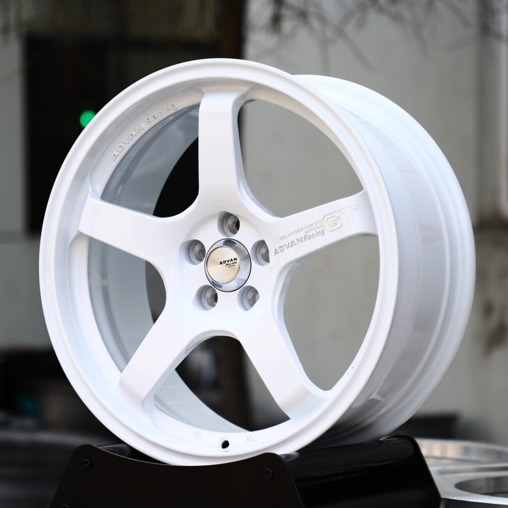 BMW M3 wheels – Gloss White 5-Spoke (Advan-Style), angled view
