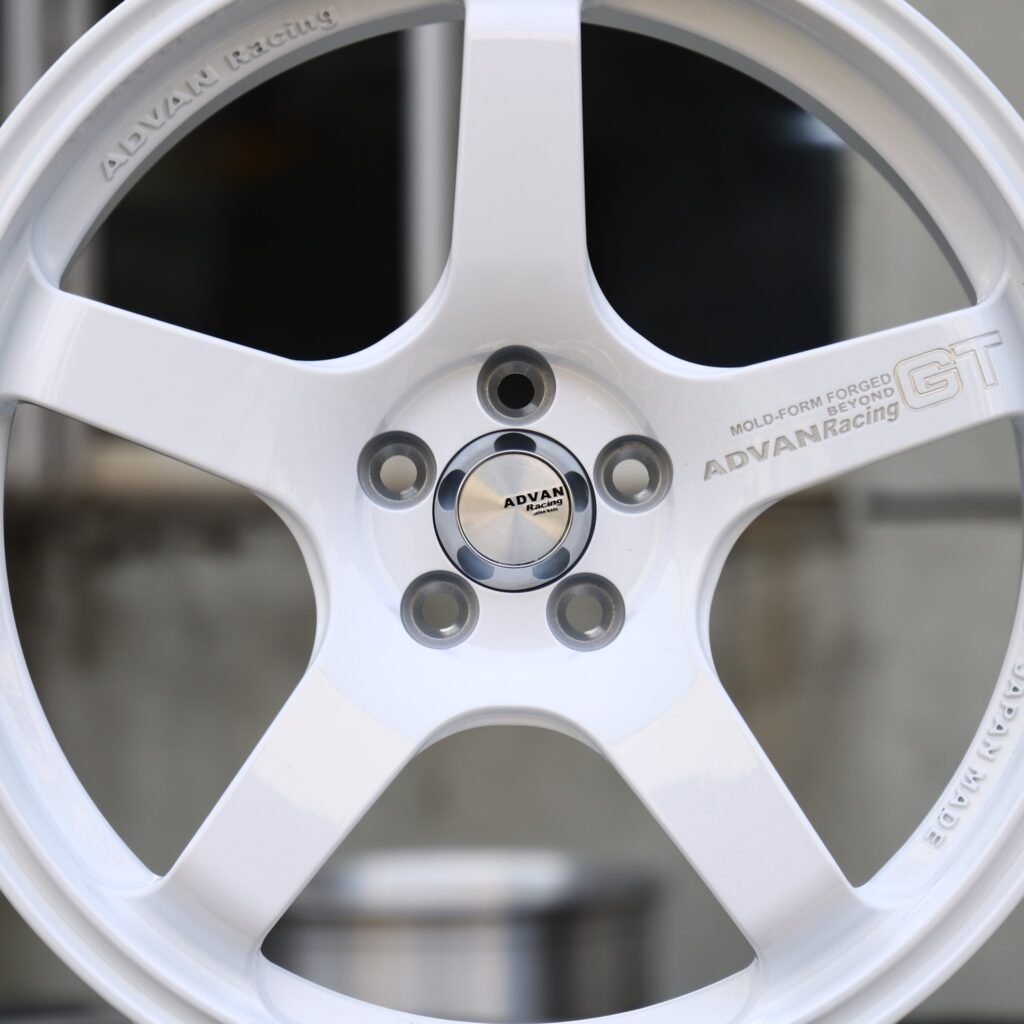 Toyota GR Supra wheels – Gloss White 5-Spoke (Advan-Style), lip and barrel detail