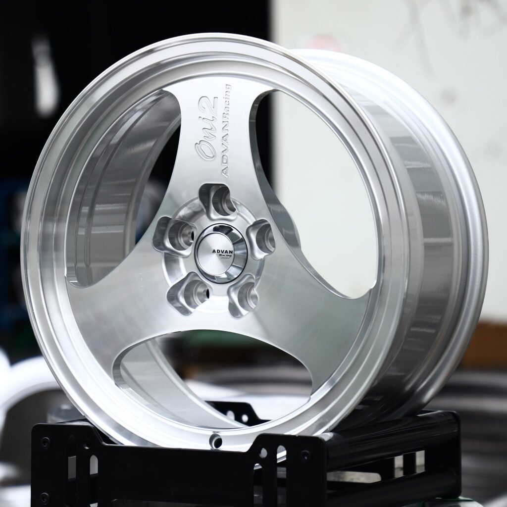 BMW M3 wheels – Matte Silver 3-Spoke (Advan-Style), angled view