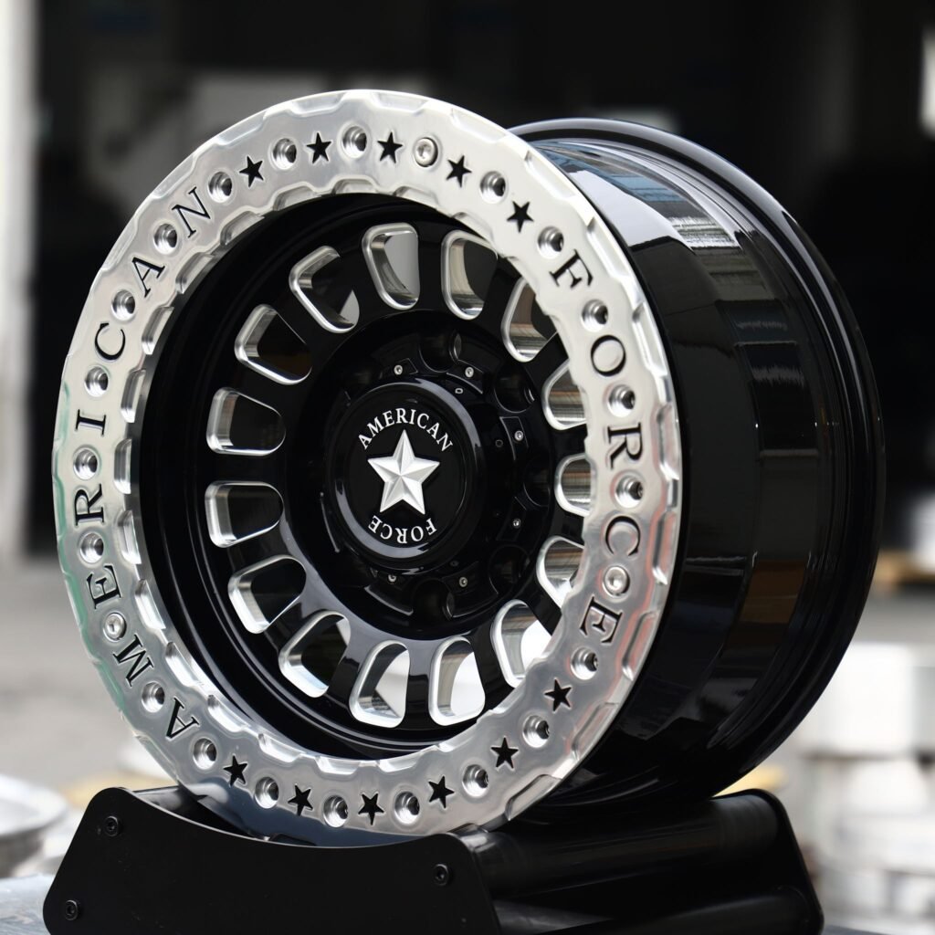 Chevrolet Silverado HD wheels – Gloss Black / Polished Beadlock (American Force-Style), angled view