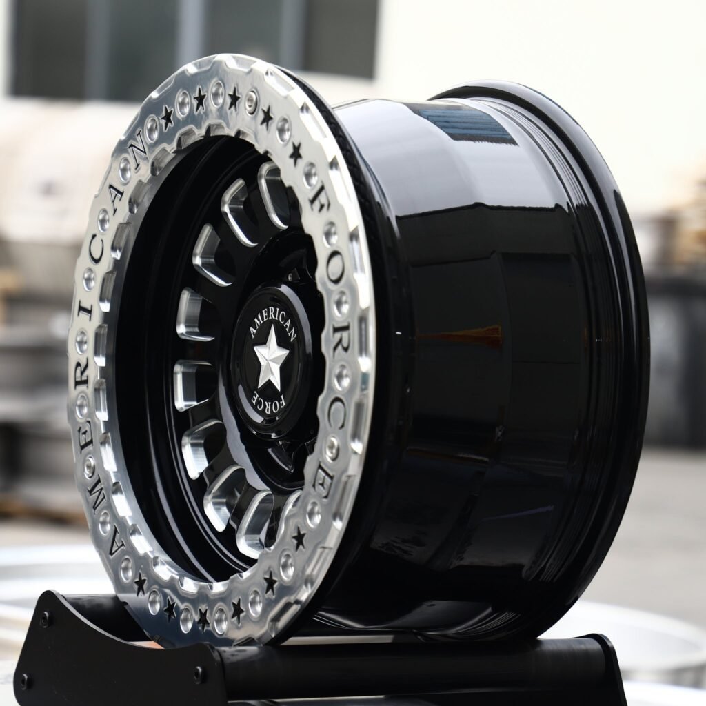 8x170 wheels – Gloss Black / Polished Beadlock (American Force-Style), side view