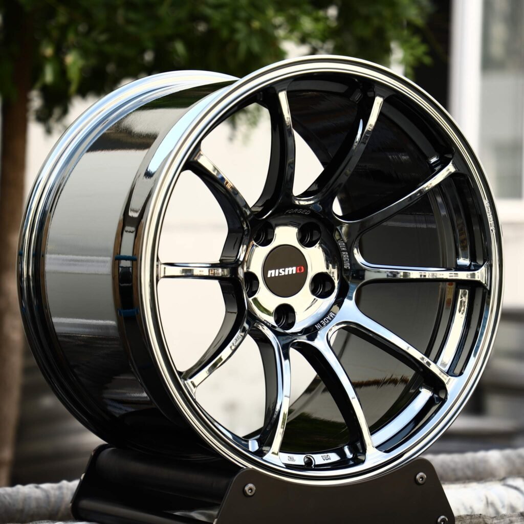 Nissan 370Z wheels – Black Chrome 10-Spoke (Nismo-Style), angled view