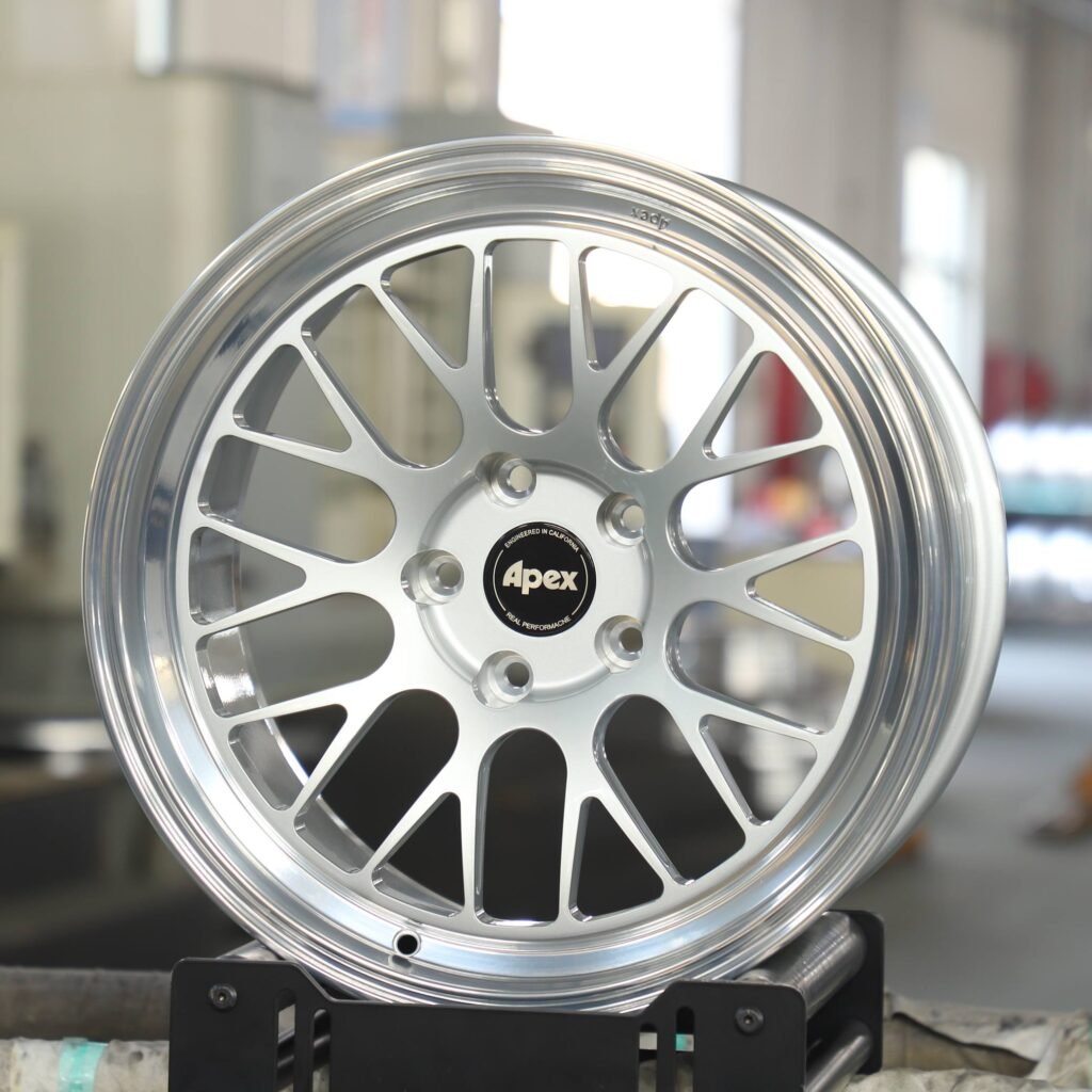 Porsche 911 wheels – Bright Silver 10 Y-Spoke Deep Lip (APEX ML-10RT-Style), angled view