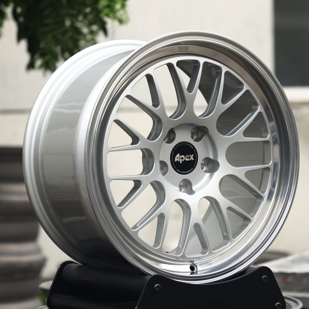 Porsche 911 wheels – Bright Silver 10 Y-Spoke Deep Lip (APEX ML-10RT-Style), angled view