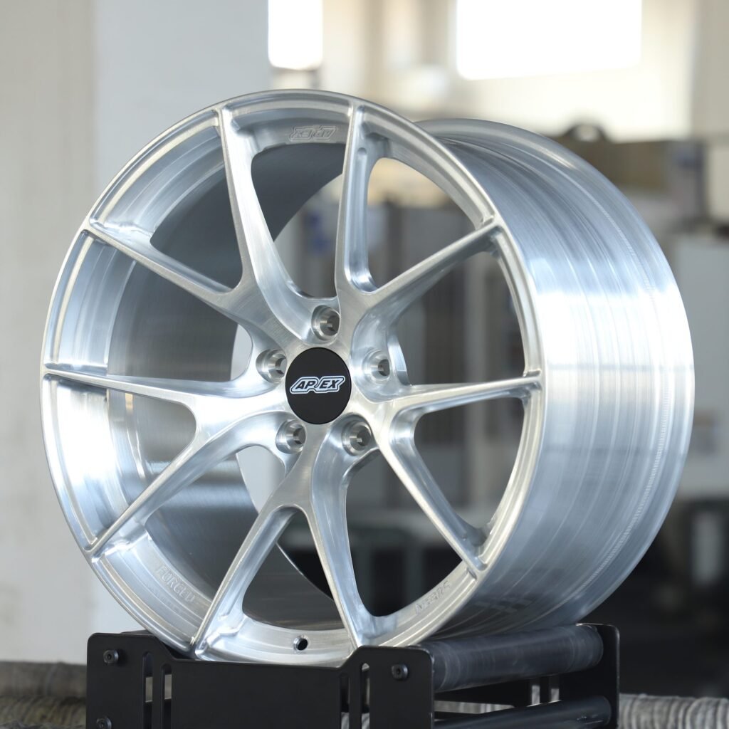 5x100 wheels – Brushed Silver 5-Spoke (APEX VS-5RS-Style), side view