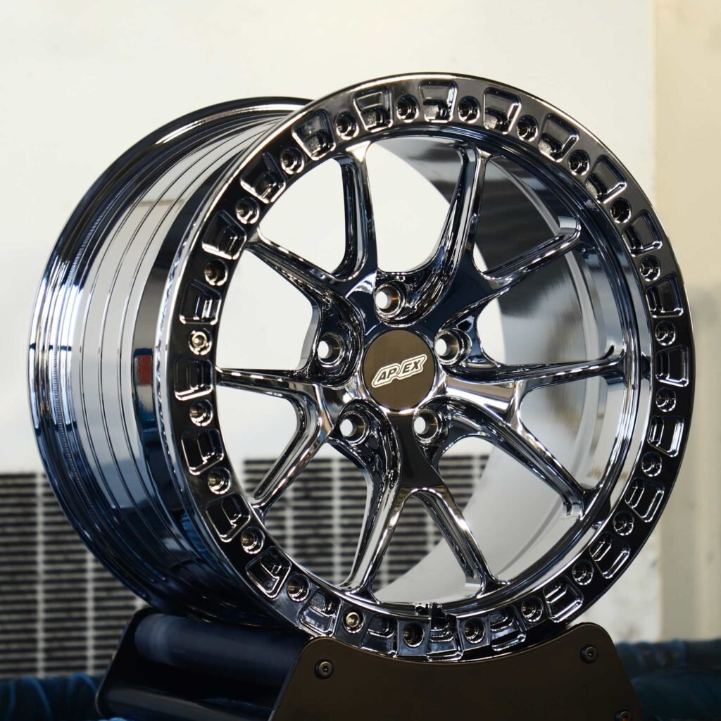 BMW M3 E46 wheels – APEX Chrome Custom Beadlock, angled view