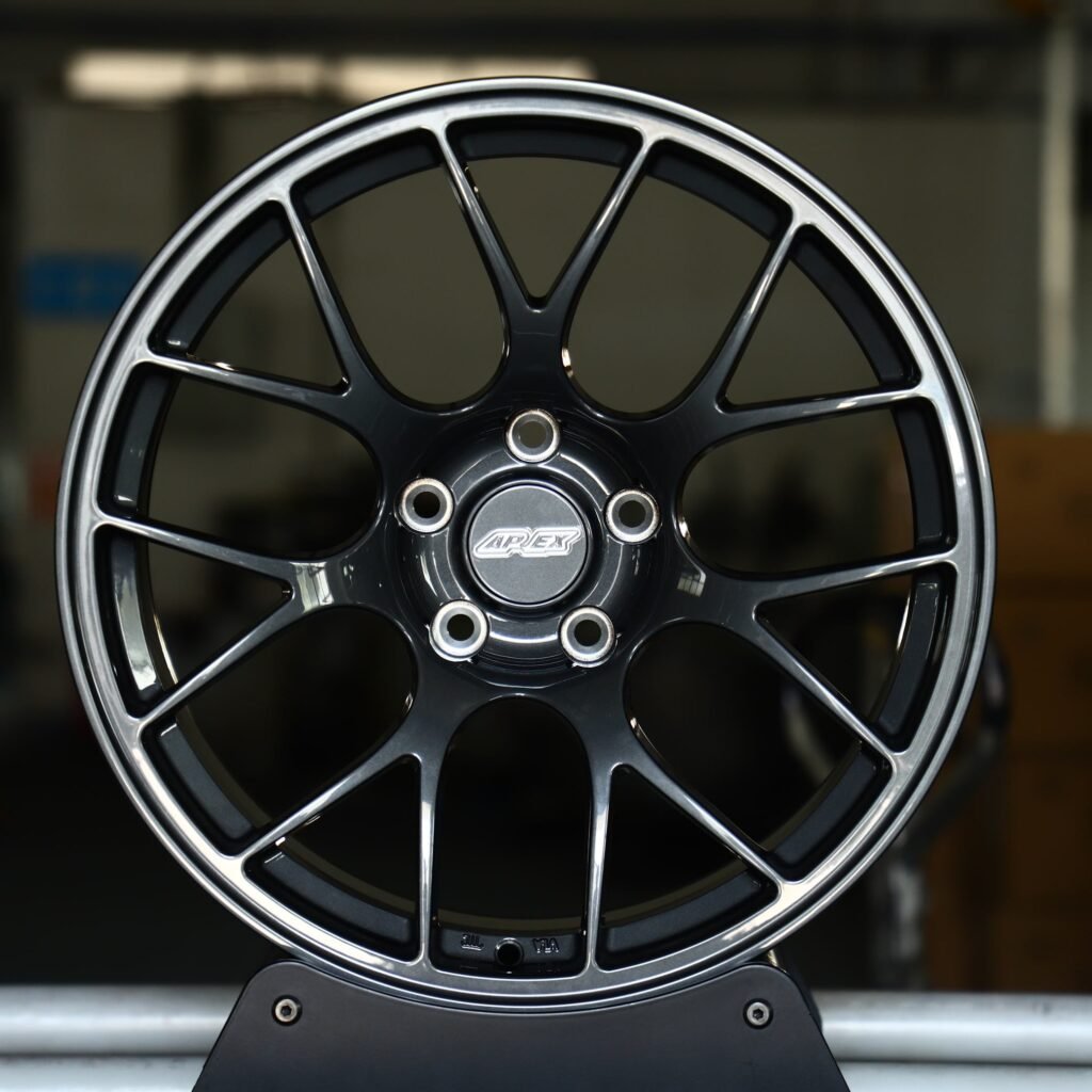 BMW M3 E46 wheels – Gloss Black / Gunmetal / Gray 7 Y-Spoke (APEX EC-7-Style), front view