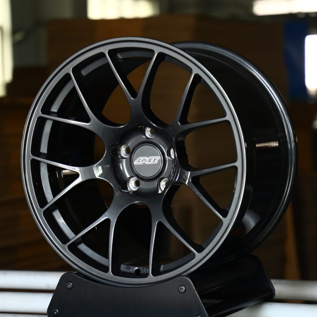 BMW 3 Series F30 wheels – Gloss Black / Gunmetal / Gray 7 Y-Spoke (APEX EC-7-Style), angled view
