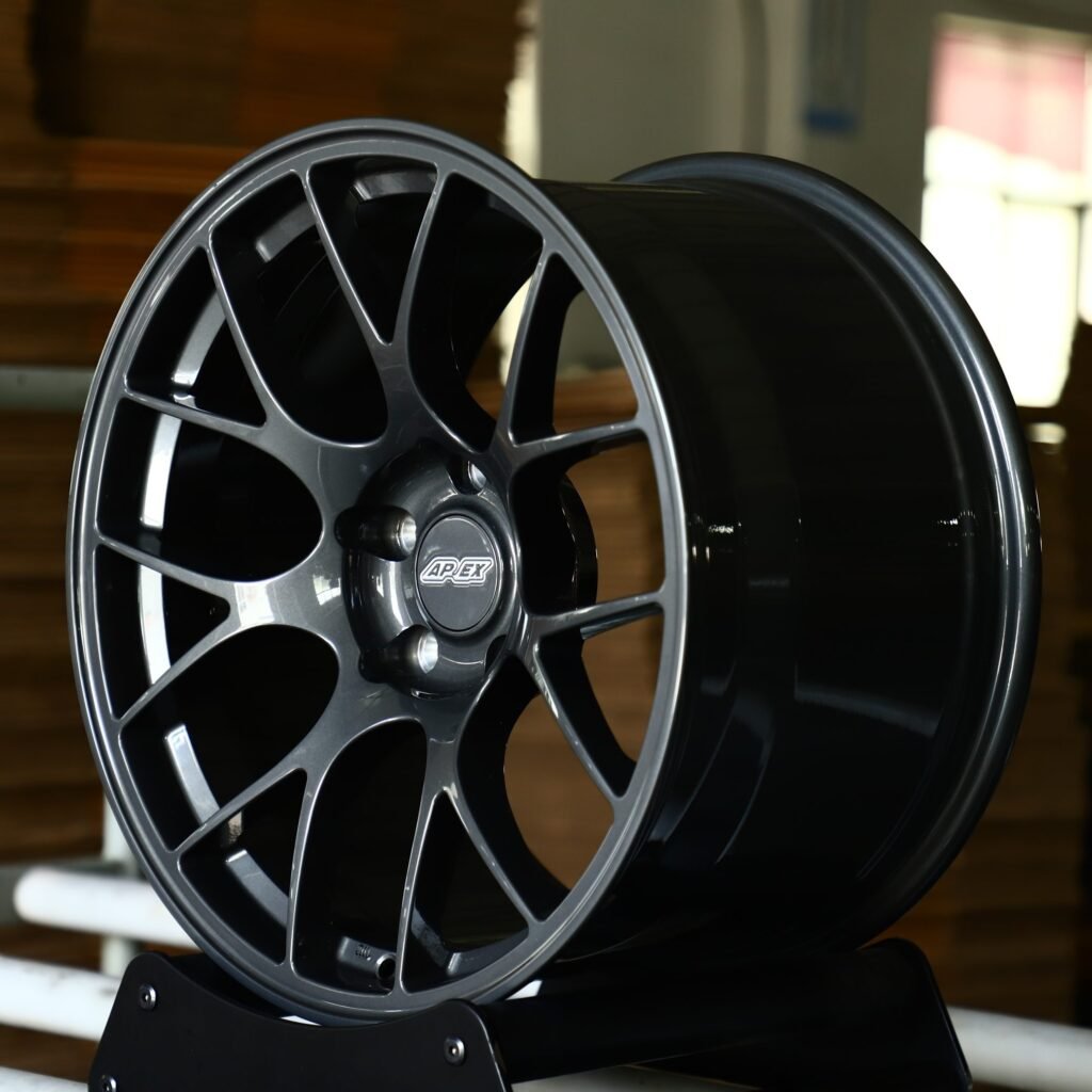 5x120 wheels – Gloss Black / Gunmetal / Gray 7 Y-Spoke (APEX EC-7-Style), side view