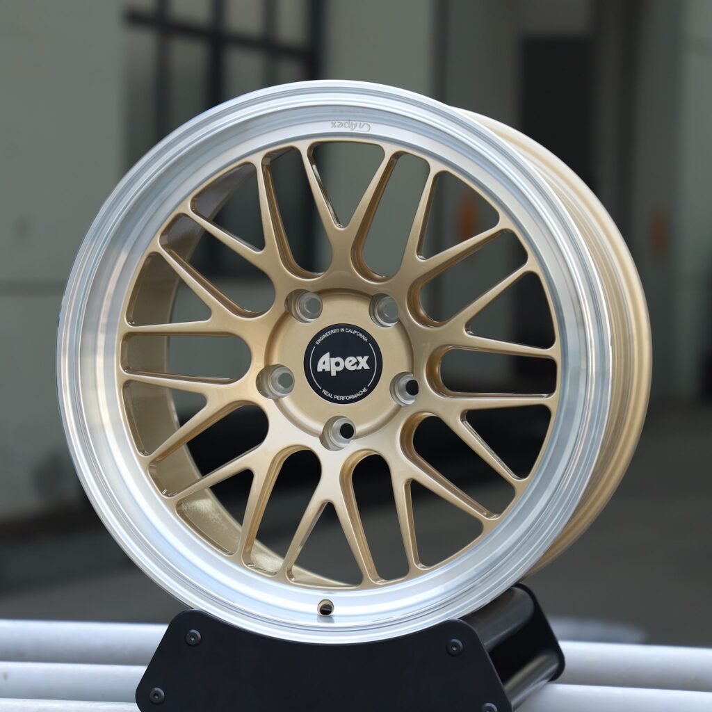 Porsche 911 wheels – Gold 10 Y-Spoke Deep Lip (APEX ML-10RT-Style), angled view
