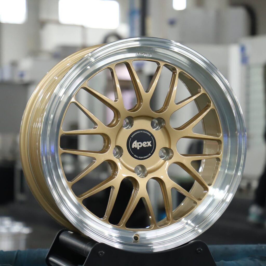 Porsche 911 wheels – Gold 10 Y-Spoke Deep Lip (APEX ML-10RT-Style), angled view