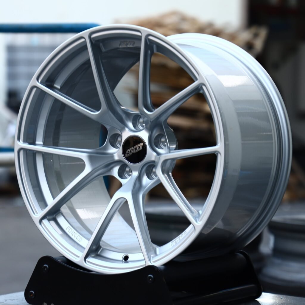 BMW 3 Series F30 wheels – Matte Silver 5 Y-Spoke (APEX VS-5RS-Style), angled view