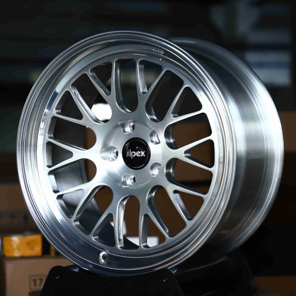 Porsche 911 wheels – Matte Silver Deep Lip (APEX ML-10RT-Style), angled view