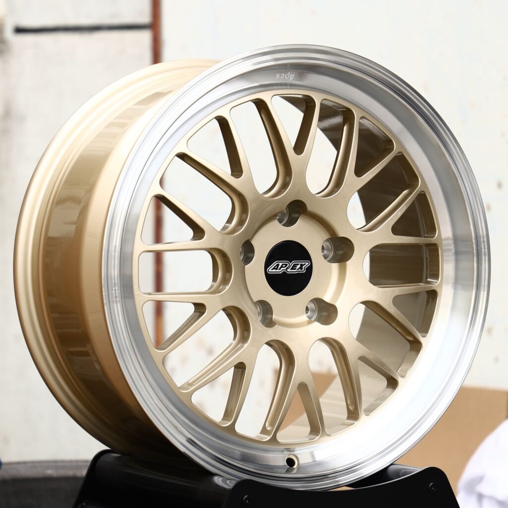 BMW M3 wheels – Gold Mesh Polished Deep Lip (APEX-Style), angled view