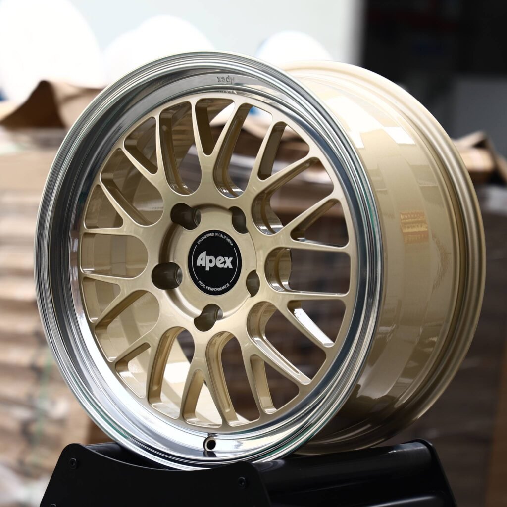 BMW M3 wheels – Gold Mesh Polished Deep Lip (APEX-Style), angled view