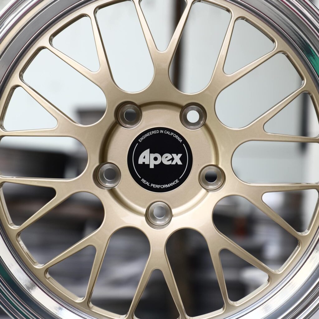 BMW M4 F82 wheels – Gold Mesh Polished Deep Lip (APEX-Style), lip and barrel detail