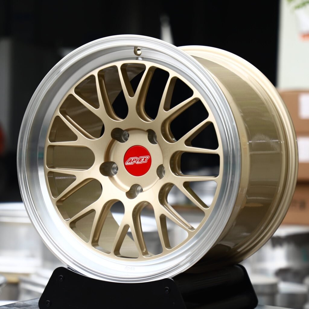 BMW M3 wheels – Gold Mesh Polished Lip (APEX-Style), angled view