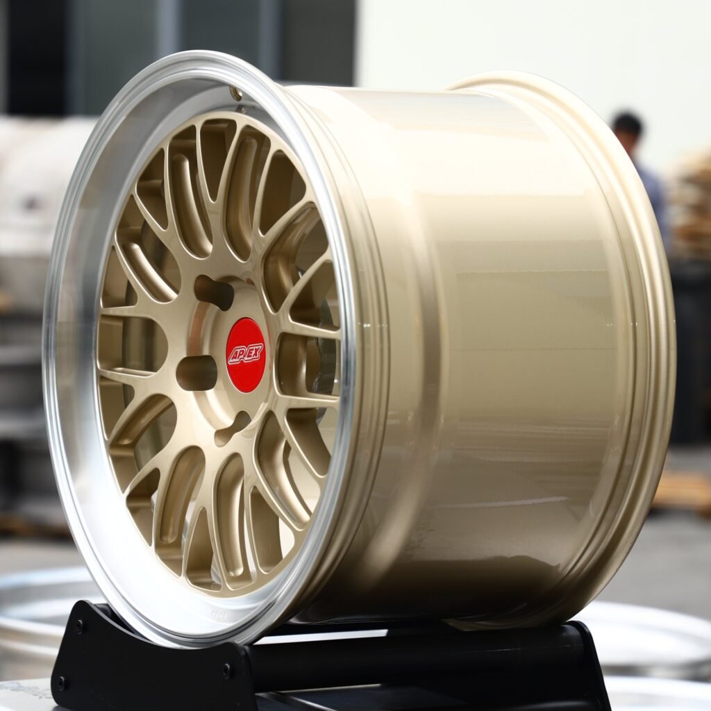 5x130 wheels – Gold Mesh Polished Lip (APEX-Style), side view