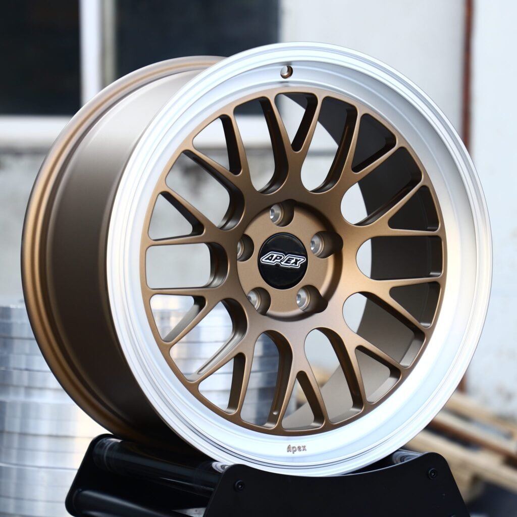 BMW M3 wheels – Matte Gold 10 Y-Spoke Deep Dish (APEX-Style), angled view