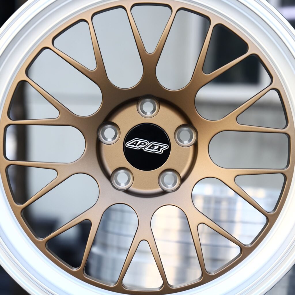BMW M4 F82 wheels – Matte Gold 10 Y-Spoke Deep Dish (APEX-Style), lip and barrel detail