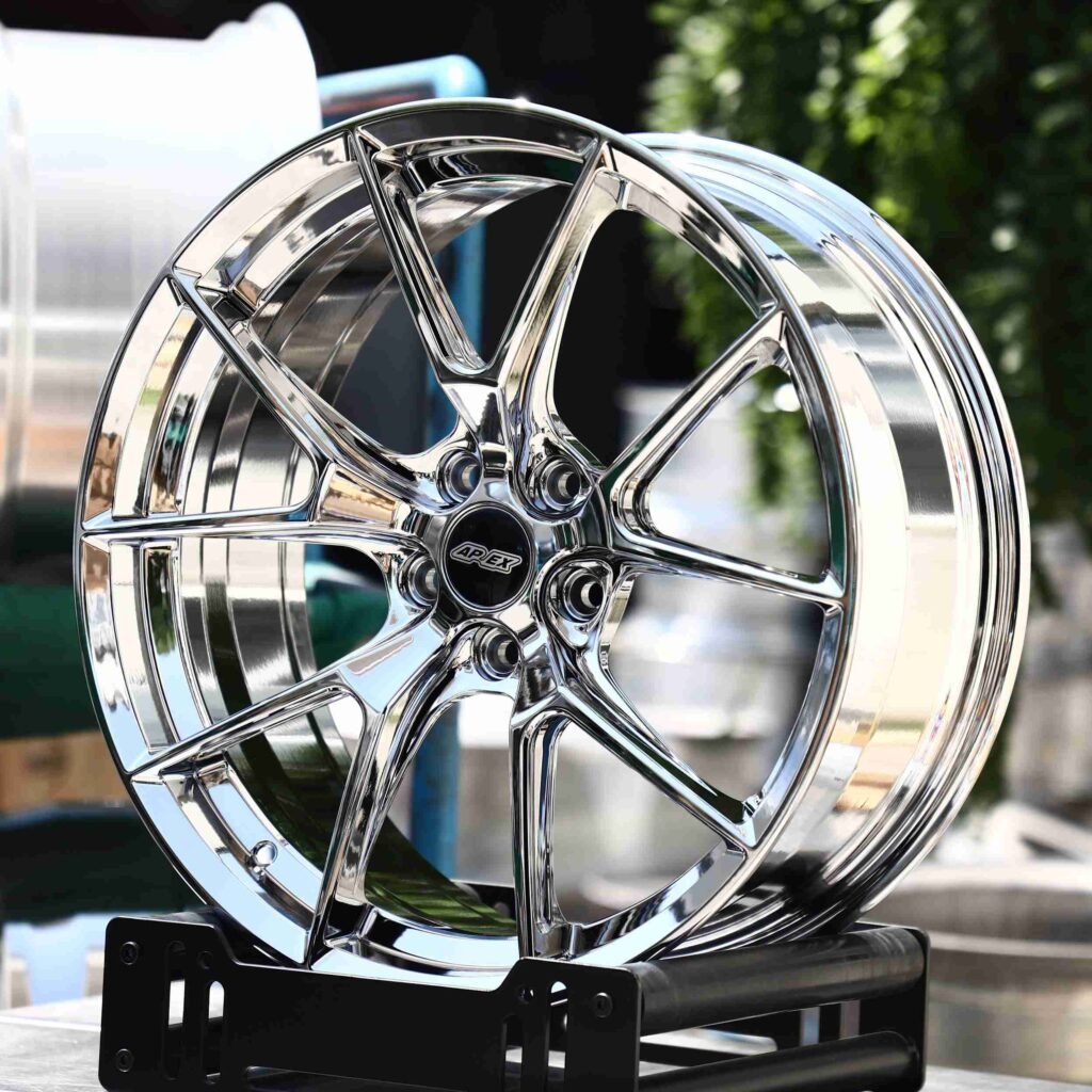 BMW M3 E46 wheels – APEX VS-5RS Chrome, angled view