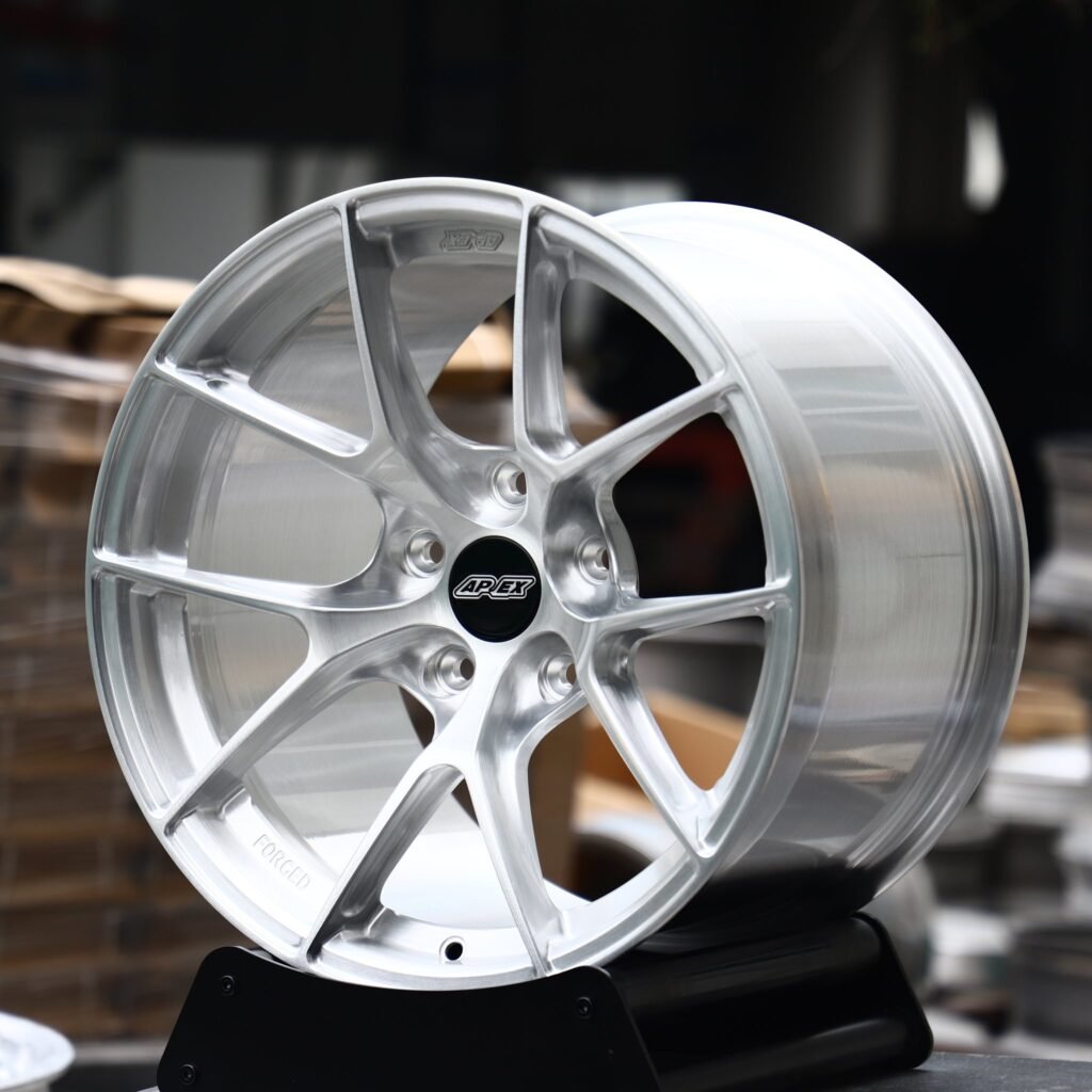 BMW M3 wheels – Brushed Silver 5 Y-Spoke Concave (APEX VS-5RS-Style), angled view
