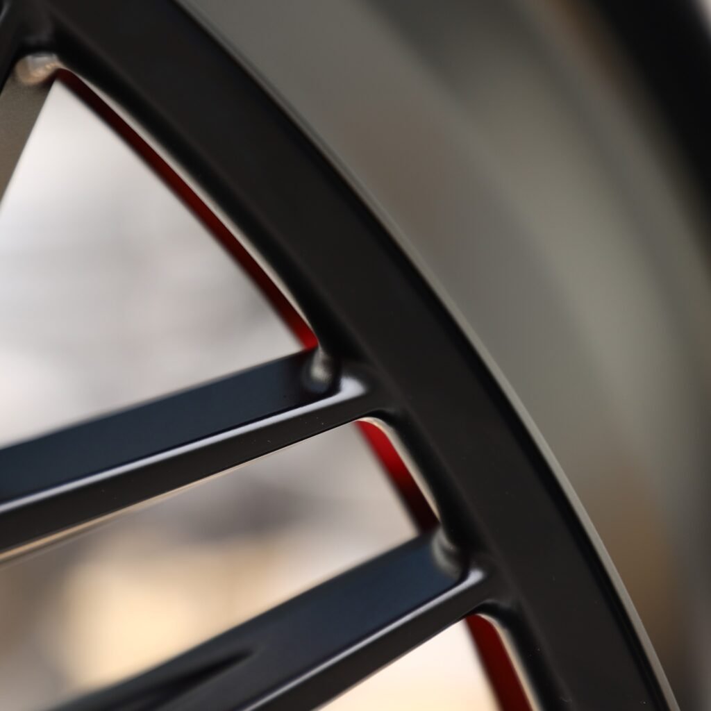 Audi RS3 8Y wheels – Matte Black / Red Lip Multi-Spoke, lip and barrel detail