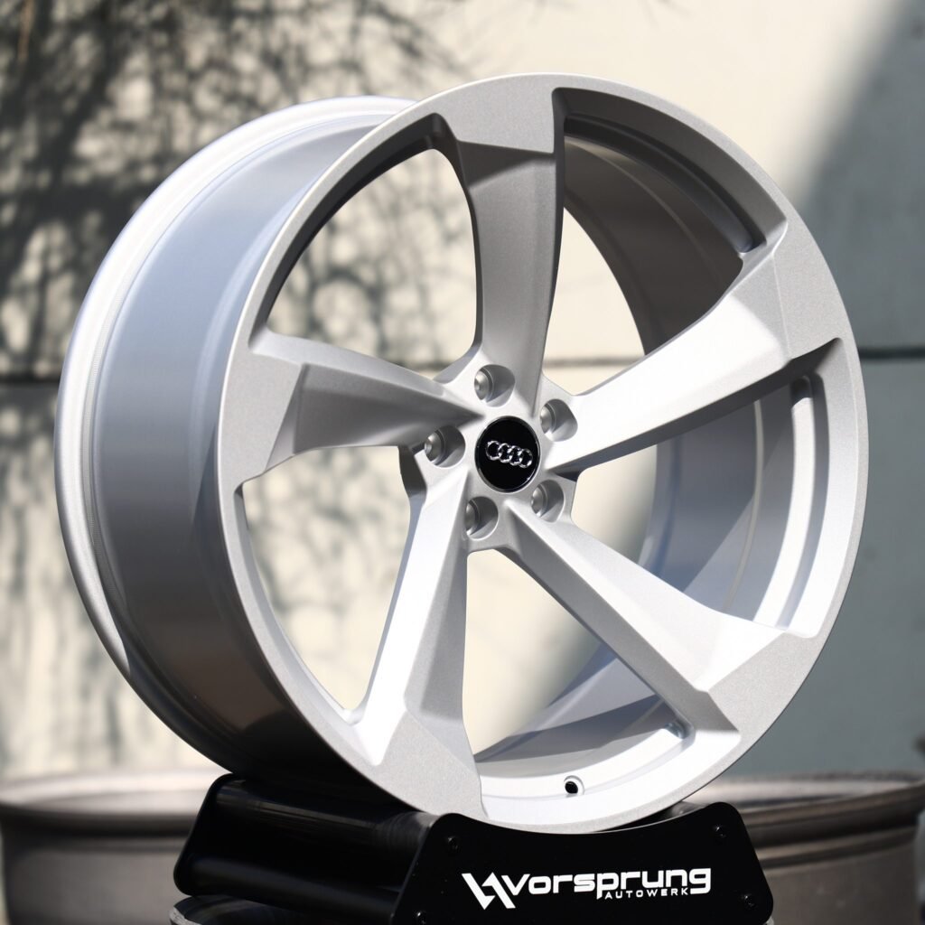 Audi A6 wheels – Brushed Silver 5-Spoke Rotor (Audi OEM-Style), angled view