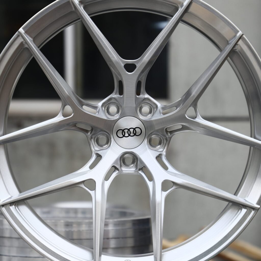 Audi RS3 8Y wheels – Brushed Silver 5 Y-Spoke (Audi OEM-Style), lip and barrel detail