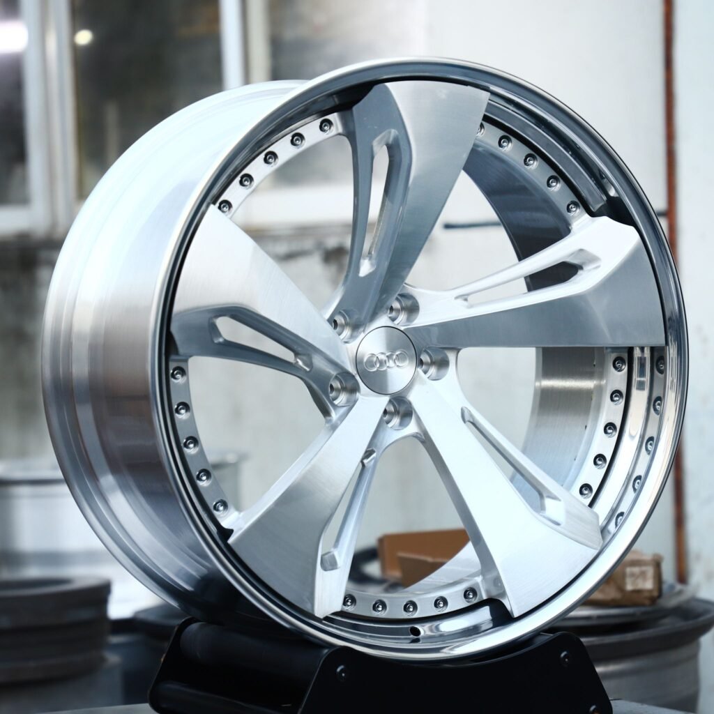 Audi A6 wheels – Brushed Silver Directional 5-Spoke 2-Piece (Audi OEM-Style), angled view