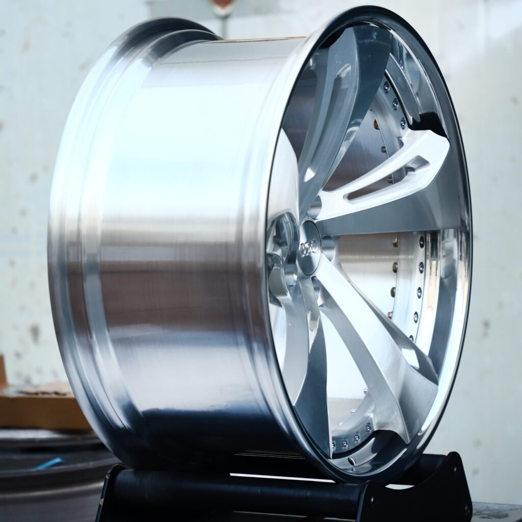 5x112 wheels – Brushed Silver Directional 5-Spoke 2-Piece (Audi OEM-Style), side view