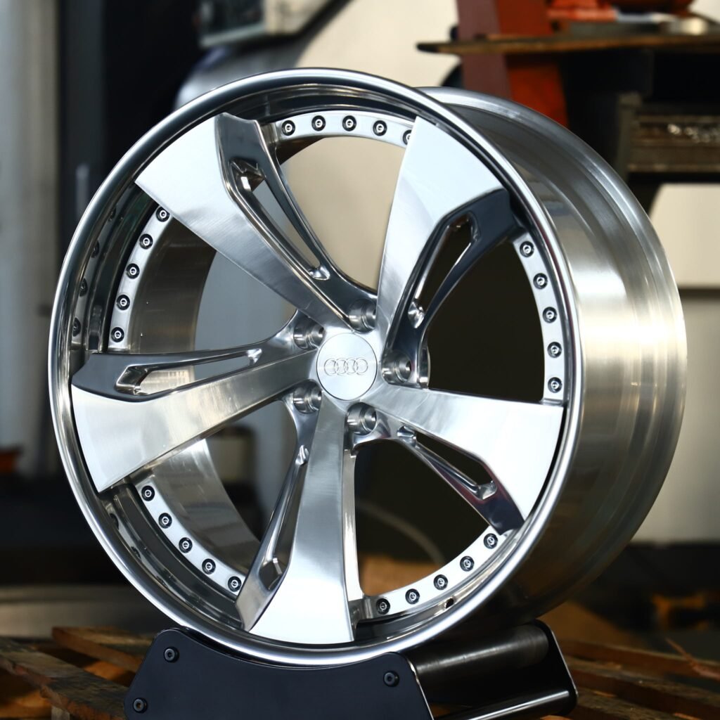 Audi A6 wheels – Brushed Silver Directional 5-Spoke 2-Piece (Audi OEM-Style), angled view