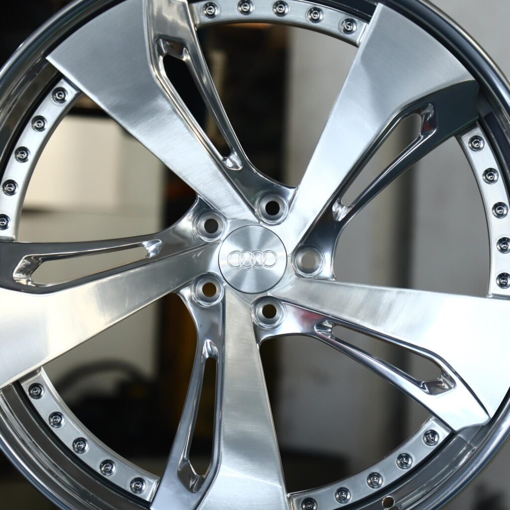 Audi RS3 8Y wheels – Brushed Silver Directional 5-Spoke 2-Piece (Audi OEM-Style), lip and barrel detail