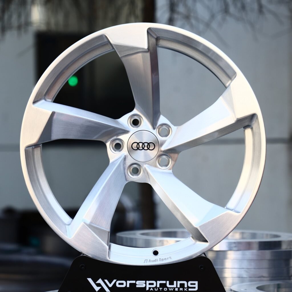 Audi A4 wheels – Brushed Silver Directional 5-Spoke (Audi OEM-Style), front view
