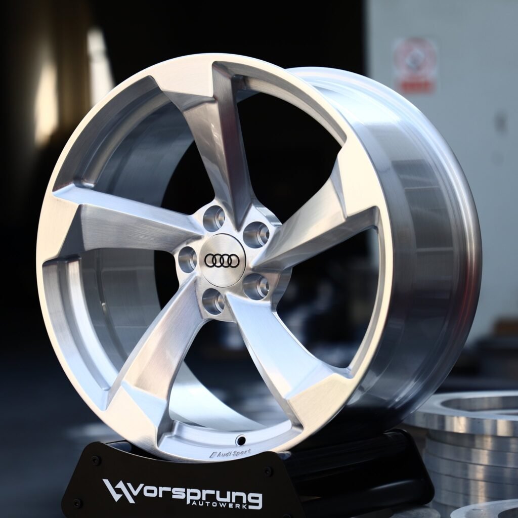 Audi A6 wheels – Brushed Silver Directional 5-Spoke (Audi OEM-Style), angled view