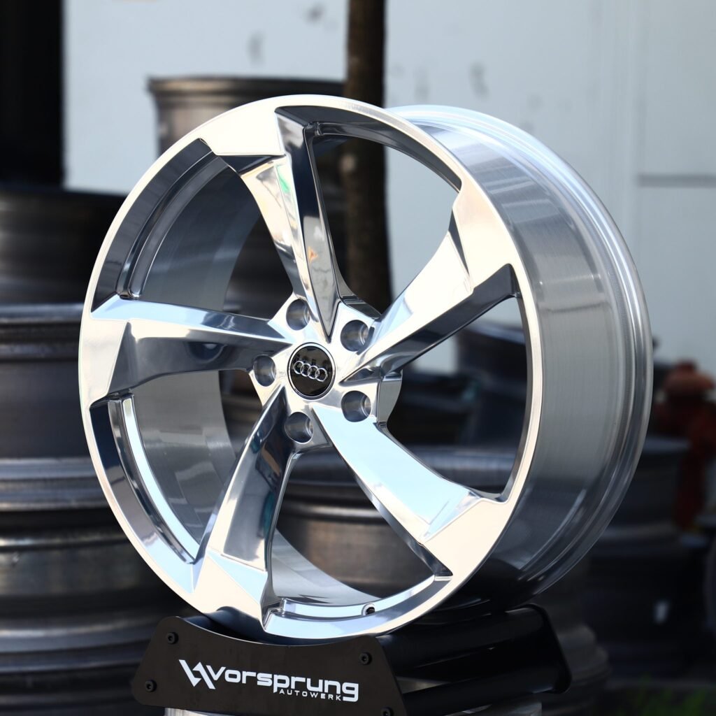 Audi A6 wheels – Chrome 5-Spoke Rotor (Audi OEM-Style), angled view