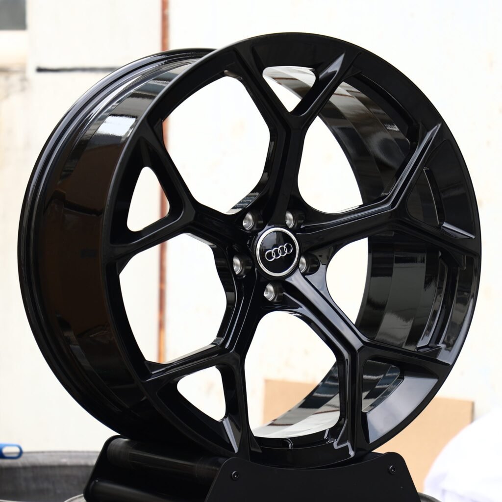 Audi A6 wheels – Gloss Black 5 Y-Spoke Petal (Audi OEM-Style), angled view