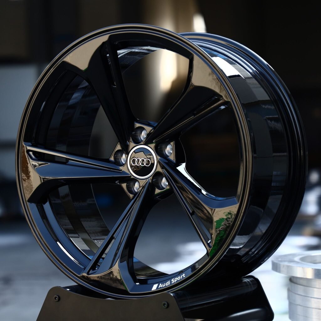 Audi A6 wheels – Gloss Black Directional 5-Spoke (Audi OEM-Style), angled view