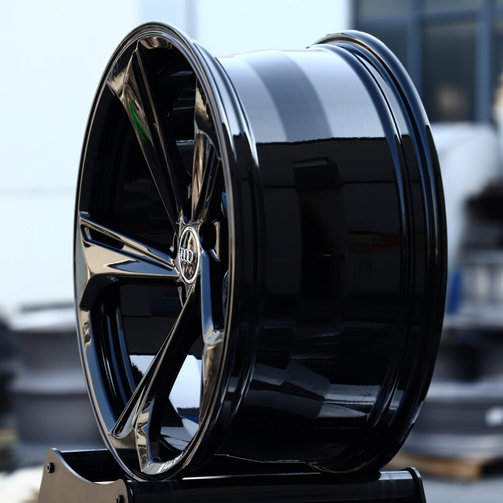 5x112 wheels – Gloss Black Directional 5-Spoke (Audi OEM-Style), side view