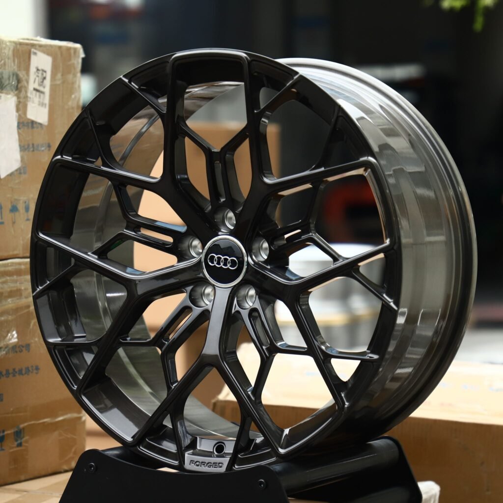 Audi A6 wheels – Gloss Black Mesh Multi-Spoke (Audi OEM-Style), angled view
