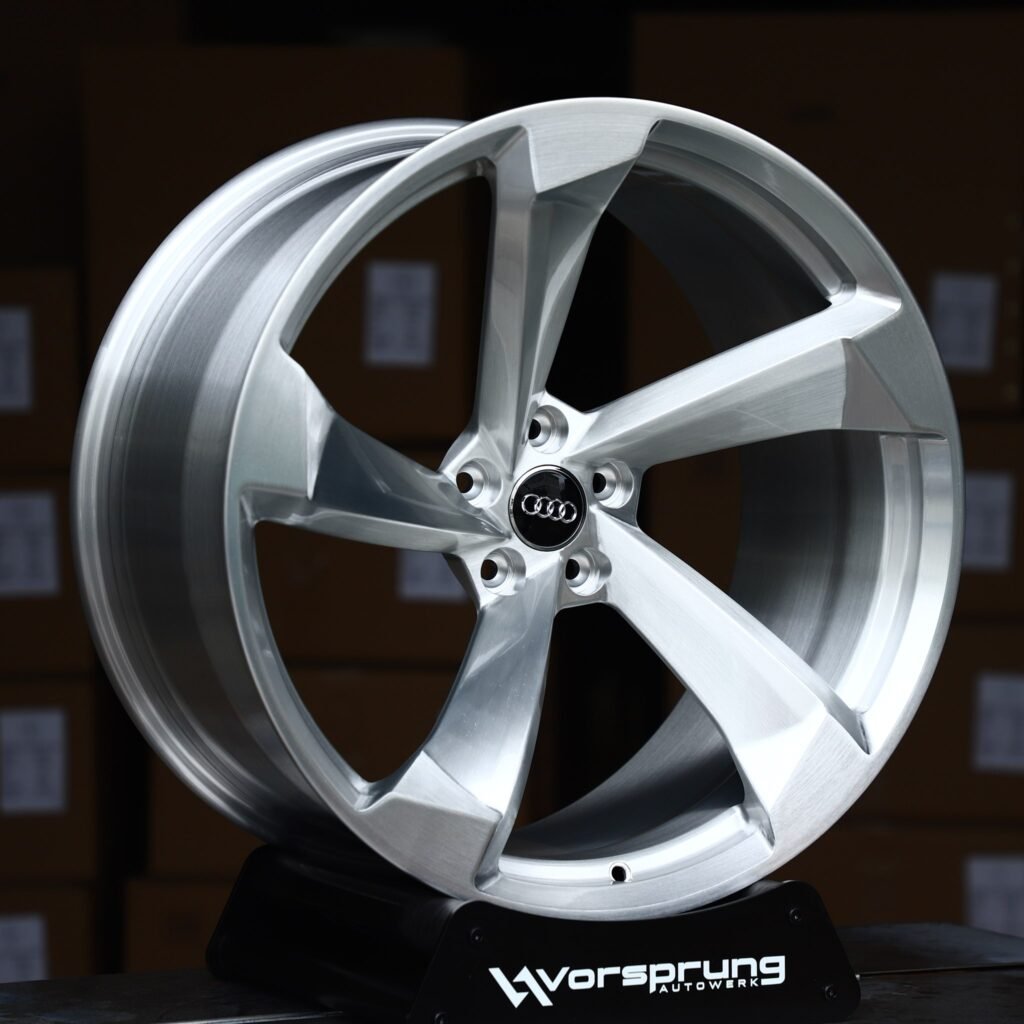 Audi A6 wheels – Hyper Silver 5-Spoke Rotor (Audi OEM-Style), angled view