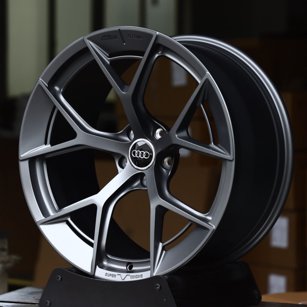 Audi A6 wheels – Satin Gunmetal 5 Y-Spoke Concave (Audi OEM-Style), angled view