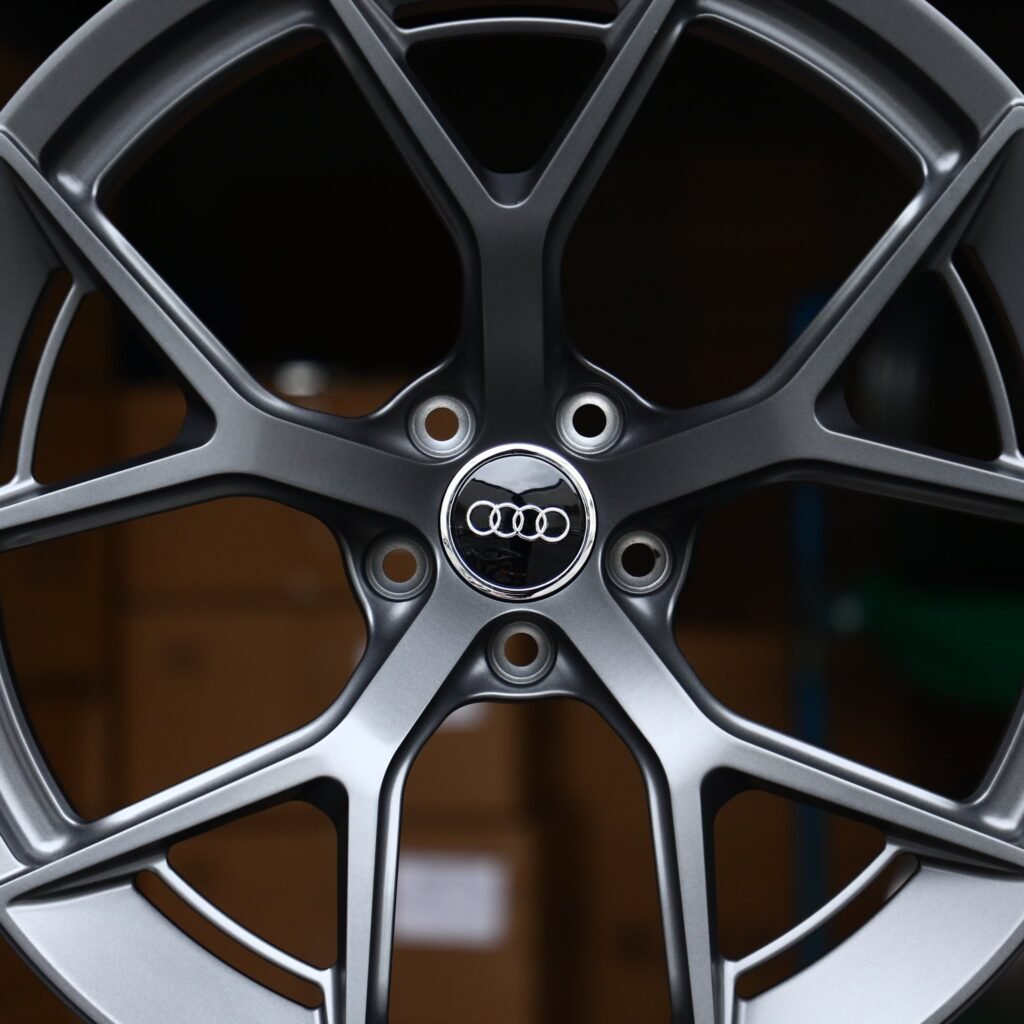 Audi RS3 8Y wheels – Satin Gunmetal 5 Y-Spoke Concave (Audi OEM-Style), lip and barrel detail