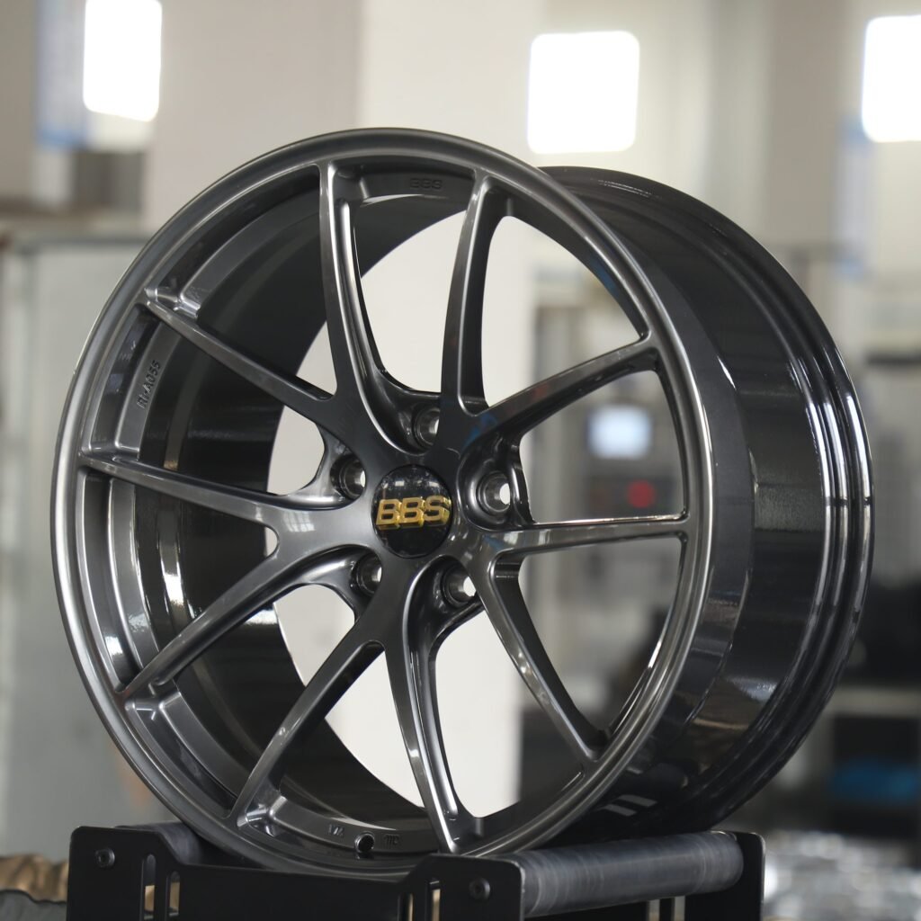 5x120 wheels – Metallic Gray / Black 5-Spoke (BBS FI-R-Style), side view