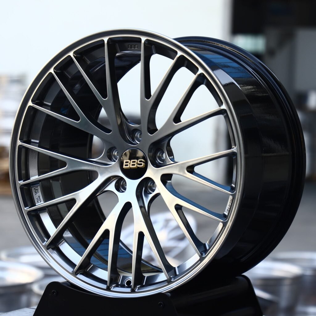 BMW M3 wheels – Gloss Black Machined Mesh (BBS-Style), angled view