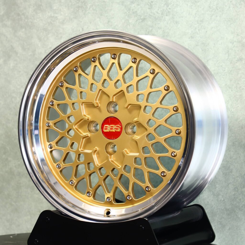 Mini Cooper wheels – Gold Mesh Polished Lip 2-Piece (BBS-Style), angled view