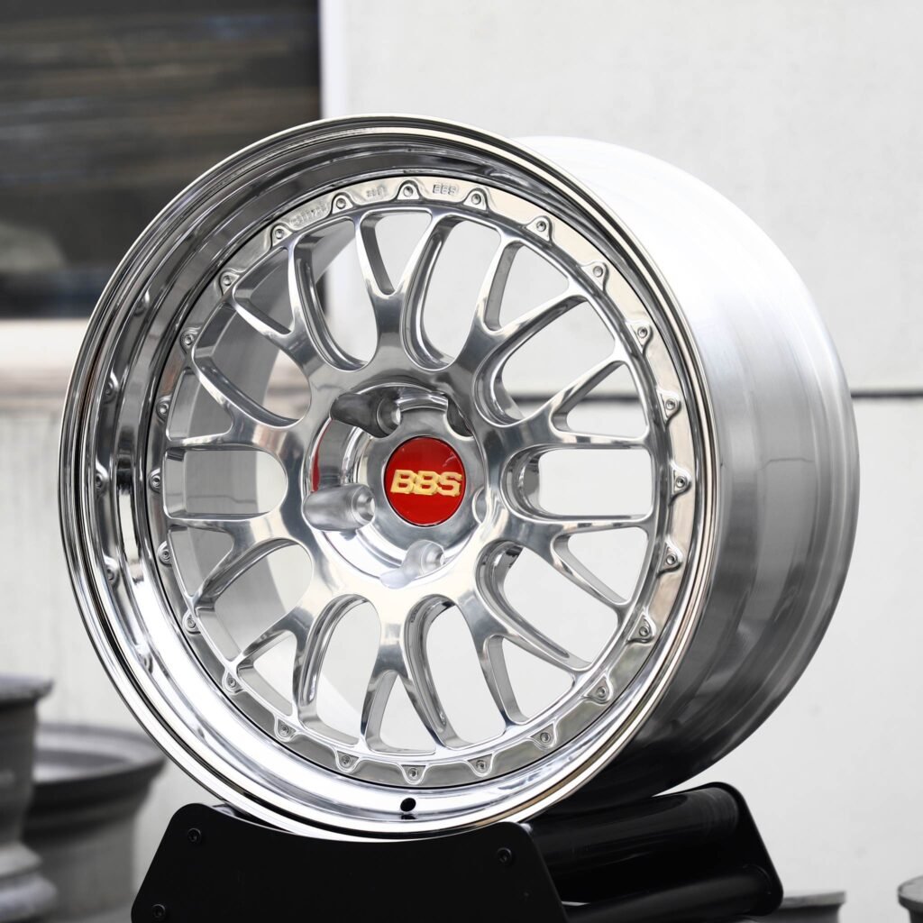 Porsche 911 wheels – Mirror Polished Mesh Deep Dish 3-Piece (BBS-Style), angled view