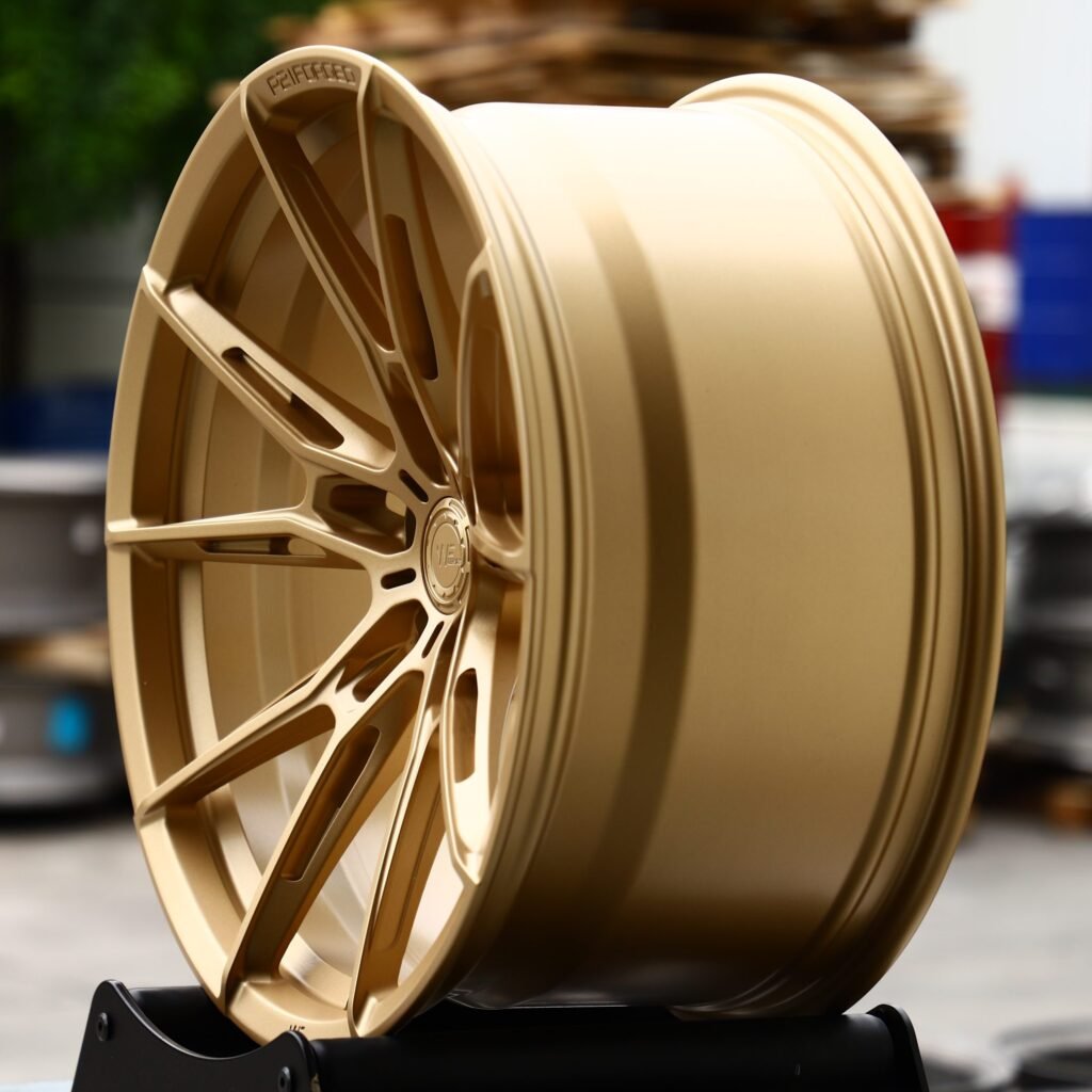Porsche 911 wheels – Gold Side-Milled (Wheelforce-Style), angled view